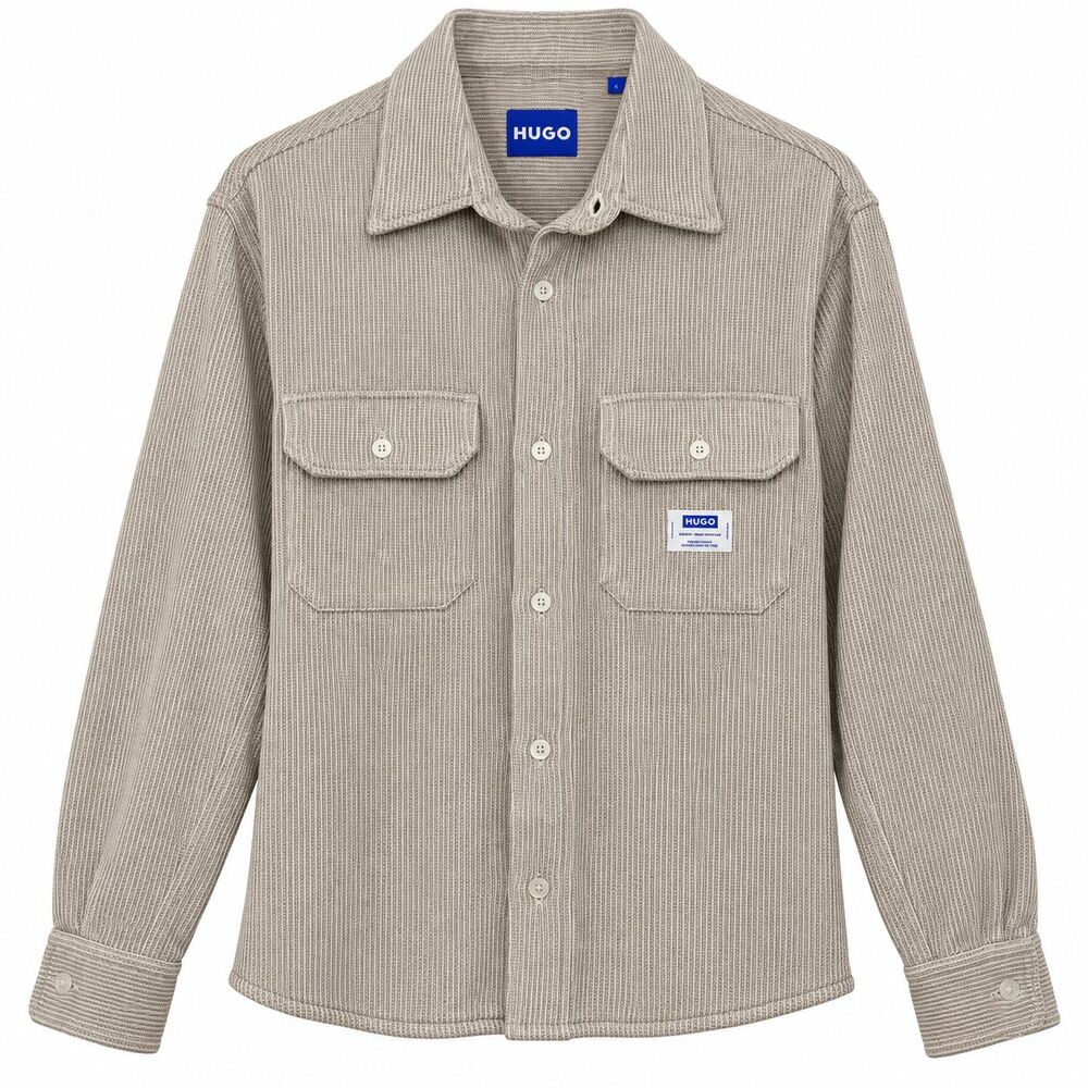 HUGO Shirt Men's Small Beige Knit Striped Long Sleeve Button Front Pockets